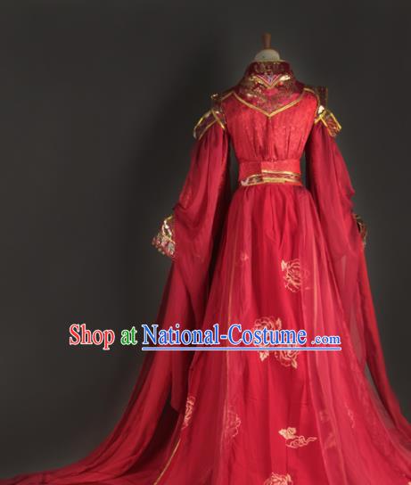 Chinese Ancient King Dong Hua Garment Costumes Cosplay Swordsman Red Hanfu Clothing Traditional Wedding Apparels