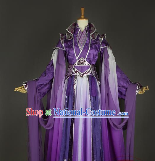 Chinese Traditional Jin Dynasty Childe Apparels Ancient King Purple Garment Costumes Cosplay Swordsman Dong Hua Hanfu Clothing