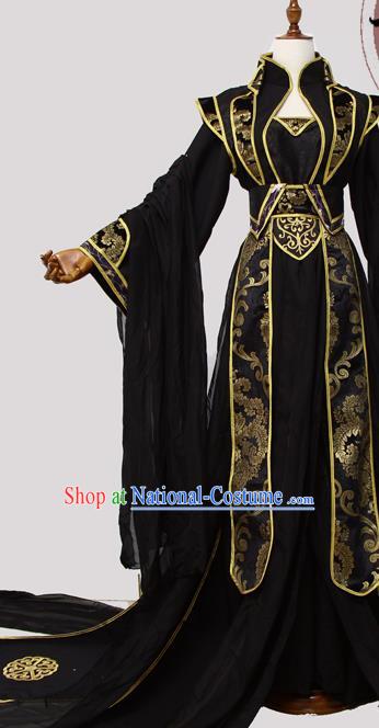 China Cosplay Female Swordsman Clothing Ancient Fairy Queen Garments Traditional Jin Dynasty Princess Black Hanfu Dress