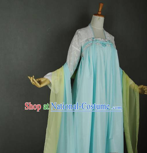 China Traditional Tang Dynasty Palace Lady Blue Hanfu Dress Cosplay Young Beauty Clothing Ancient Princess Garments