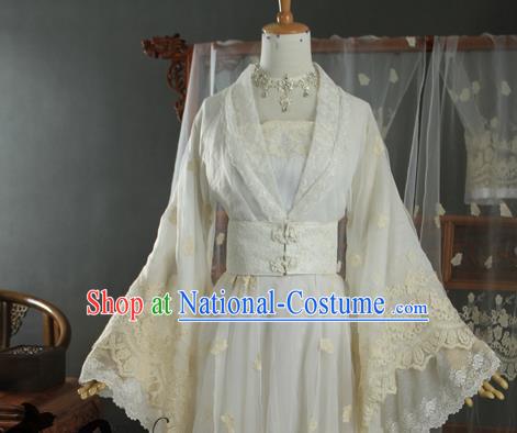 China Cosplay Fairy Jing Jiujiu Clothing Ancient Princess Garments Traditional Jin Dynasty Palace Lady Beige Hanfu Dress