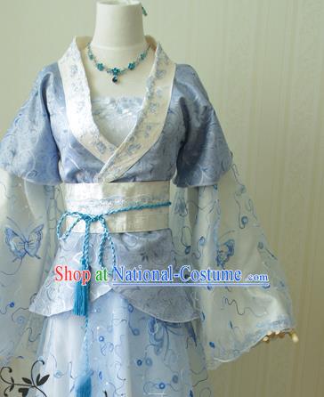 China Traditional Jin Dynasty Princess Blue Hanfu Dress Cosplay Fairy Jun Fu Clothing Ancient Court Lady Garments