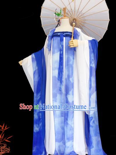 China Ancient Imperial Concubine Garments Traditional Tang Dynasty Palace Lady Blue Hanfu Dress Cosplay Fairy Clothing