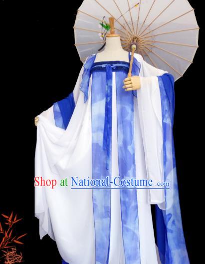 China Ancient Imperial Concubine Garments Traditional Tang Dynasty Palace Lady Blue Hanfu Dress Cosplay Fairy Clothing