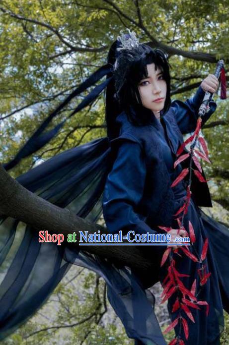 Chinese Ancient Assassin Garment Costumes Cosplay Swordsman Gu Yun Clothing Traditional Qin Dynasty Knight Navy Apparels