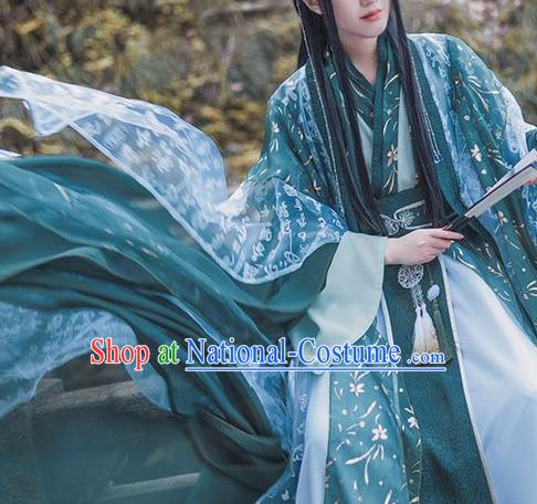 Chinese Cosplay King Shen Qing Qiu Clothing Traditional Jin Dynasty Royal Highness Apparels Ancient Swordsman Green Garment Costumes