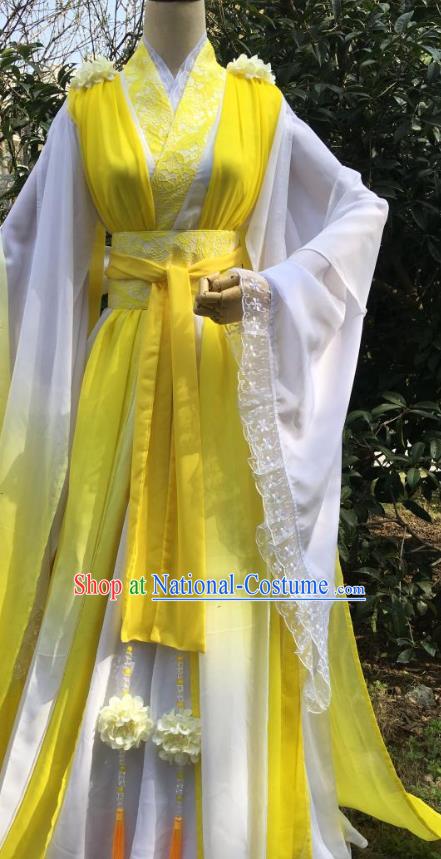 China Ancient Goddess Yellow Garments Traditional Song Dynasty Princess Hanfu Dress Cosplay Fairy Hua Qiangu Clothing