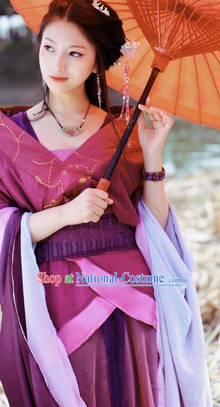 China Cosplay Female Swordsman Clothing Ancient Goddess Garments Traditional Han Dynasty Princess Purple Hanfu Dress