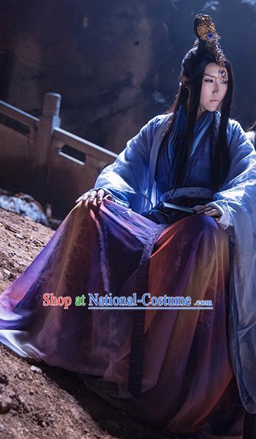 China Ancient Prince Apparels Jin Dynasty Childe Garment Costumes Traditional Cosplay Swordsman Purple Hanfu Clothing