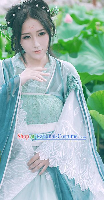 China Traditional Jin Dynasty Princess Blue Hanfu Dress Cosplay Swordswoman Clothing Ancient Water Goddess Garments