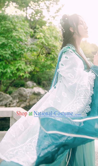 China Traditional Jin Dynasty Princess Blue Hanfu Dress Cosplay Swordswoman Clothing Ancient Water Goddess Garments