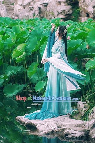 China Traditional Jin Dynasty Princess Blue Hanfu Dress Cosplay Swordswoman Clothing Ancient Water Goddess Garments