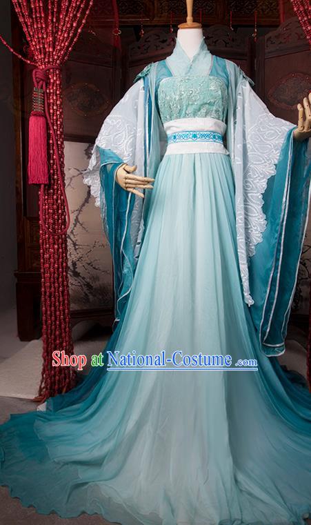 China Traditional Jin Dynasty Princess Blue Hanfu Dress Cosplay Swordswoman Clothing Ancient Water Goddess Garments