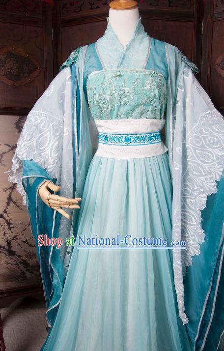 China Traditional Jin Dynasty Princess Blue Hanfu Dress Cosplay Swordswoman Clothing Ancient Water Goddess Garments