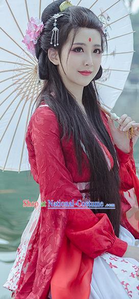 China Cosplay Swordswoman Feng Jiu Clothing Ancient Goddess Garments Traditional Qin Dynasty Young Lady Red Hanfu Dress