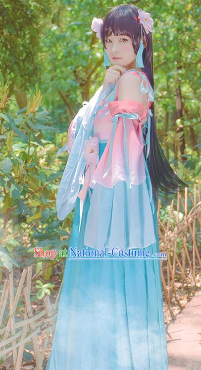 China Traditional Young Lady Blue Hanfu Dress Cosplay Swordswoman Clothing Ancient Fairy Garments