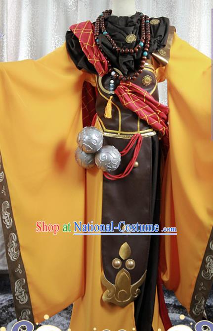 Chinese Traditional Myth Warrior Apparels Ancient Swordsman Garment Costumes Cosplay Monk Yellow Robe Clothing