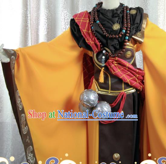 Chinese Traditional Myth Warrior Apparels Ancient Swordsman Garment Costumes Cosplay Monk Yellow Robe Clothing