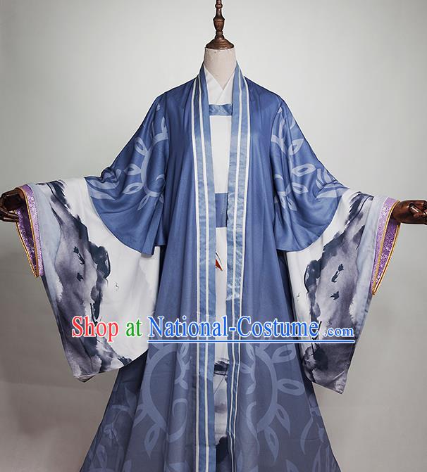 Chinese Cosplay Knight Blue Clothing Traditional Jin Dynasty Scholar Apparels Ancient Swordsman Garment Costumes