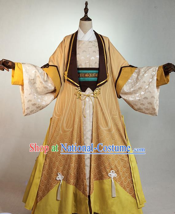 Chinese Ancient Scholar Yellow Garment Costumes Cosplay Poet Wang Wei Clothing Traditional Tang Dynasty Prince Apparels