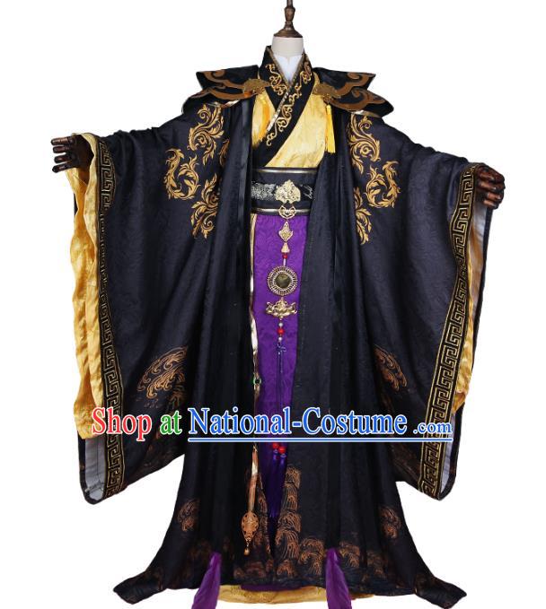 Chinese Traditional Qin Dynasty Monarch Apparels Ancient Emperor Black Garment Costumes Cosplay King Clothing