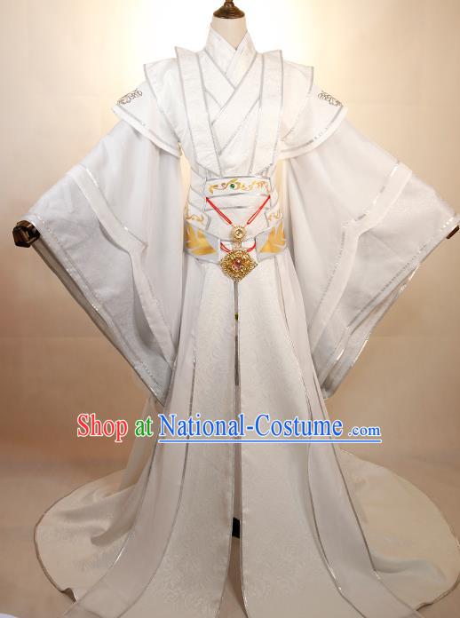 Chinese Traditional Tang Dynasty Young Childe Apparels Ancient Swordsman Garment Costumes Cosplay Prince White Clothing