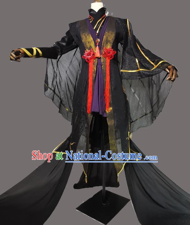 Chinese Ancient Taoist Priest Garment Costumes Cosplay King Black Clothing Traditional Qin Dynasty Swordsman Apparels