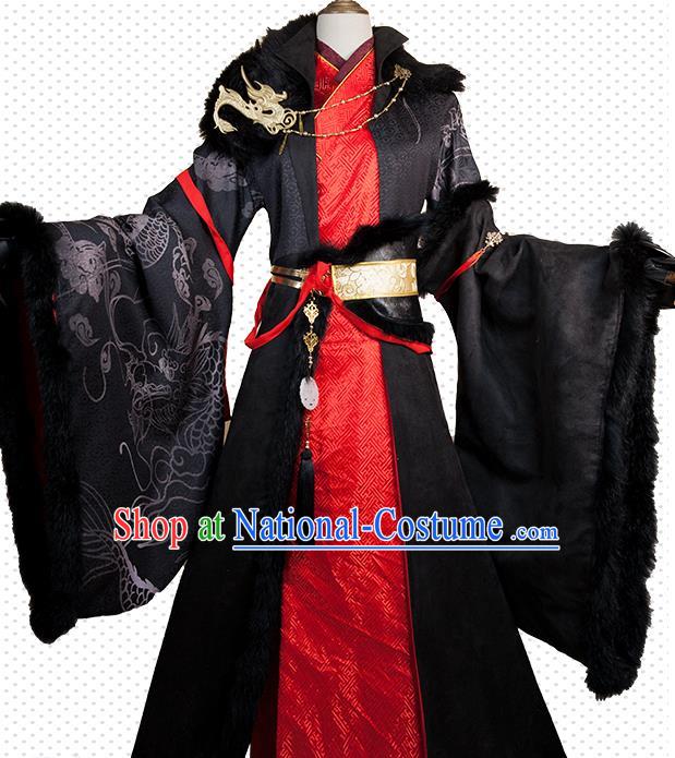 Chinese Cosplay Swordsman Black Clothing Traditional Qin Dynasty Royal Highness Apparels Ancient Emperor Garment Costumes