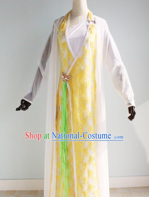 China Ancient Princess Garments Traditional Goddess Yellow Hanfu Dress Cosplay Drama Seven Fairy Huang Er Clothing