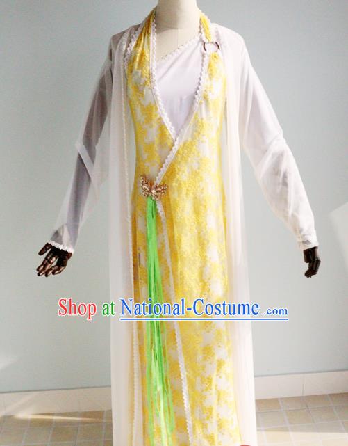 China Ancient Princess Garments Traditional Goddess Yellow Hanfu Dress Cosplay Drama Seven Fairy Huang Er Clothing