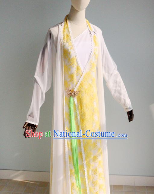 China Ancient Princess Garments Traditional Goddess Yellow Hanfu Dress Cosplay Drama Seven Fairy Huang Er Clothing