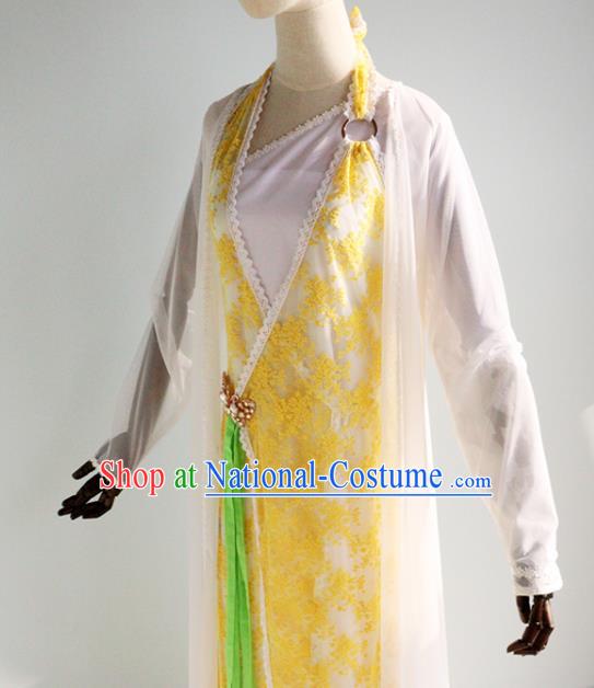 China Ancient Princess Garments Traditional Goddess Yellow Hanfu Dress Cosplay Drama Seven Fairy Huang Er Clothing