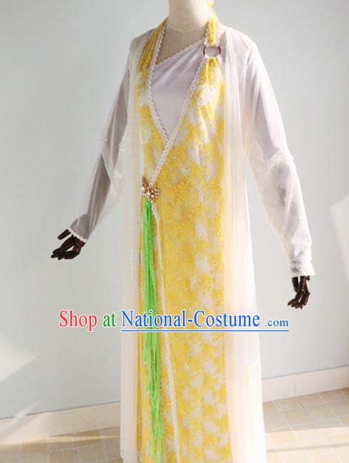 China Ancient Princess Garments Traditional Goddess Yellow Hanfu Dress Cosplay Drama Seven Fairy Huang Er Clothing