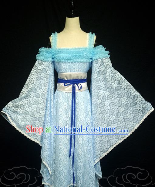 China Ancient Goddess Princess Garments Traditional Dance Blue Lace Hanfu Dress Cosplay Drama Seven Fairy Lan Er Clothing