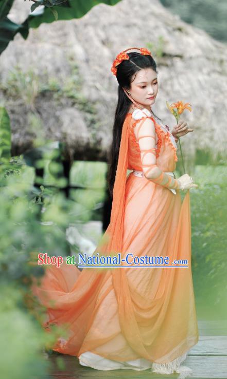 China Cosplay Drama Seven Fairy Cheng Er Clothing Ancient Goddess Princess Garments Traditional Dance Orange Hanfu Dress