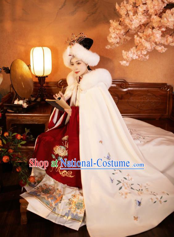 China Ming Dynasty Noble Woman Clothing Ancient Imperial Concubine Embroidered Cape Traditional Hanfu White Cloak Garment