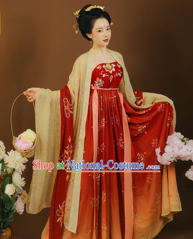 China Tang Dynasty Imperial Concubine Clothing Traditional Red Hanfu Dress Garment Ancient Court Woman Embroidered Apparels