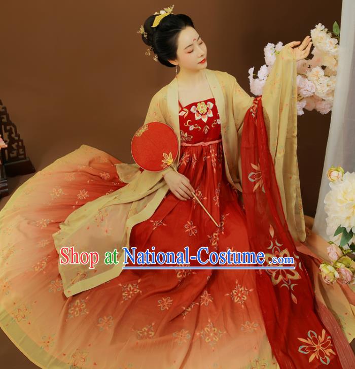 China Tang Dynasty Imperial Concubine Clothing Traditional Red Hanfu Dress Garment Ancient Court Woman Embroidered Apparels