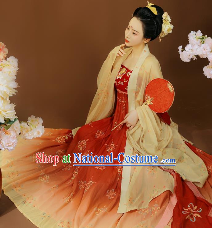 China Tang Dynasty Imperial Concubine Clothing Traditional Red Hanfu Dress Garment Ancient Court Woman Embroidered Apparels