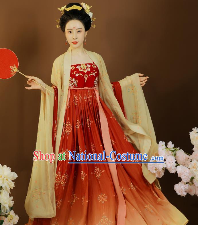 China Tang Dynasty Imperial Concubine Clothing Traditional Red Hanfu Dress Garment Ancient Court Woman Embroidered Apparels