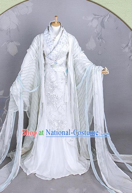 China Traditional Cosplay Swordsman White Hanfu Clothing Ancient Noble Childe Apparels Han Dynasty Prince Garment Costumes