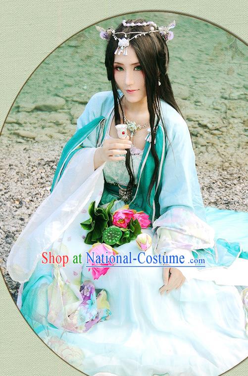 China Ancient Young Beauty Garments Traditional Song Dynasty Princess Blue Hanfu Dress Cosplay Swordswoman Clothing