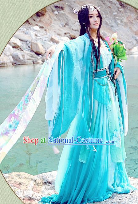 China Ancient Young Beauty Garments Traditional Song Dynasty Princess Blue Hanfu Dress Cosplay Swordswoman Clothing