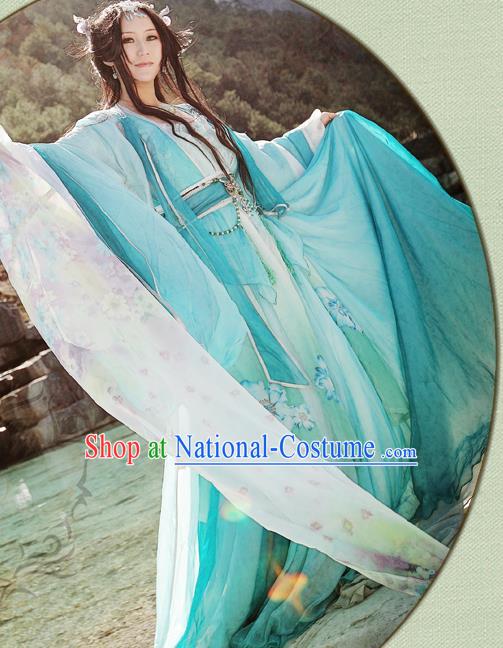 China Ancient Young Beauty Garments Traditional Song Dynasty Princess Blue Hanfu Dress Cosplay Swordswoman Clothing