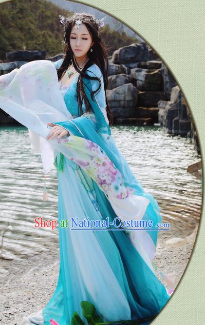 China Ancient Young Beauty Garments Traditional Song Dynasty Princess Blue Hanfu Dress Cosplay Swordswoman Clothing