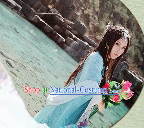 China Ancient Young Beauty Garments Traditional Song Dynasty Princess Blue Hanfu Dress Cosplay Swordswoman Clothing