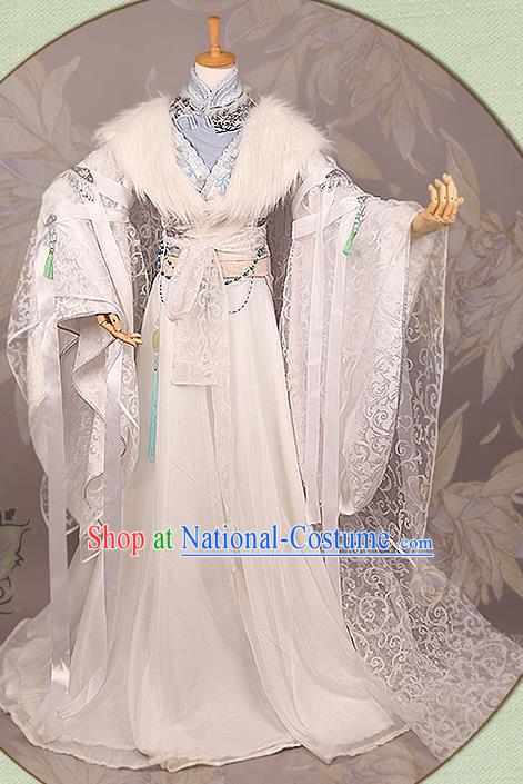 China Ancient Noble Childe Apparels Jin Dynasty Prince Garment Costumes Traditional Cosplay Swordsman White Hanfu Clothing