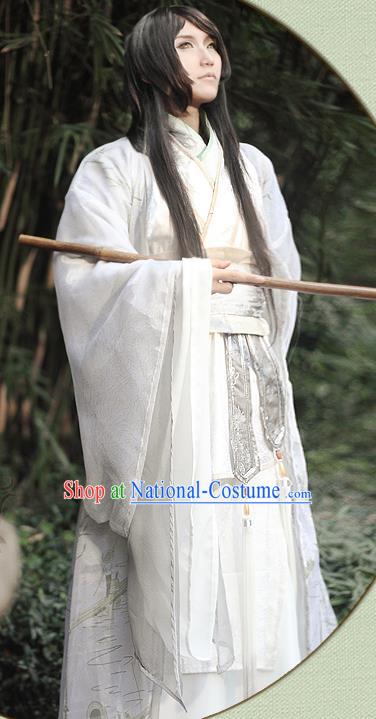 China Traditional Cosplay Immortal Su Moye White Hanfu Clothing Ancient Young Childe Apparels Qin Dynasty Prince Garment Costumes