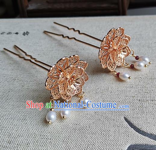 China Tang Dynasty Palace Lady Hair Stick Traditional Hanfu Hair Accessories Handmade Ancient Princess Golden Peony Hairpin