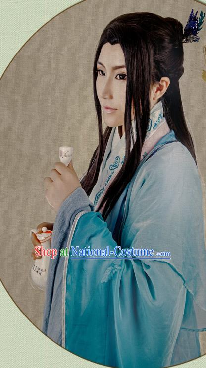 China Jin Dynasty Childe Garment Costumes Traditional Cosplay Swordsman Blue Hanfu Clothing Ancient Young Scholar Apparels